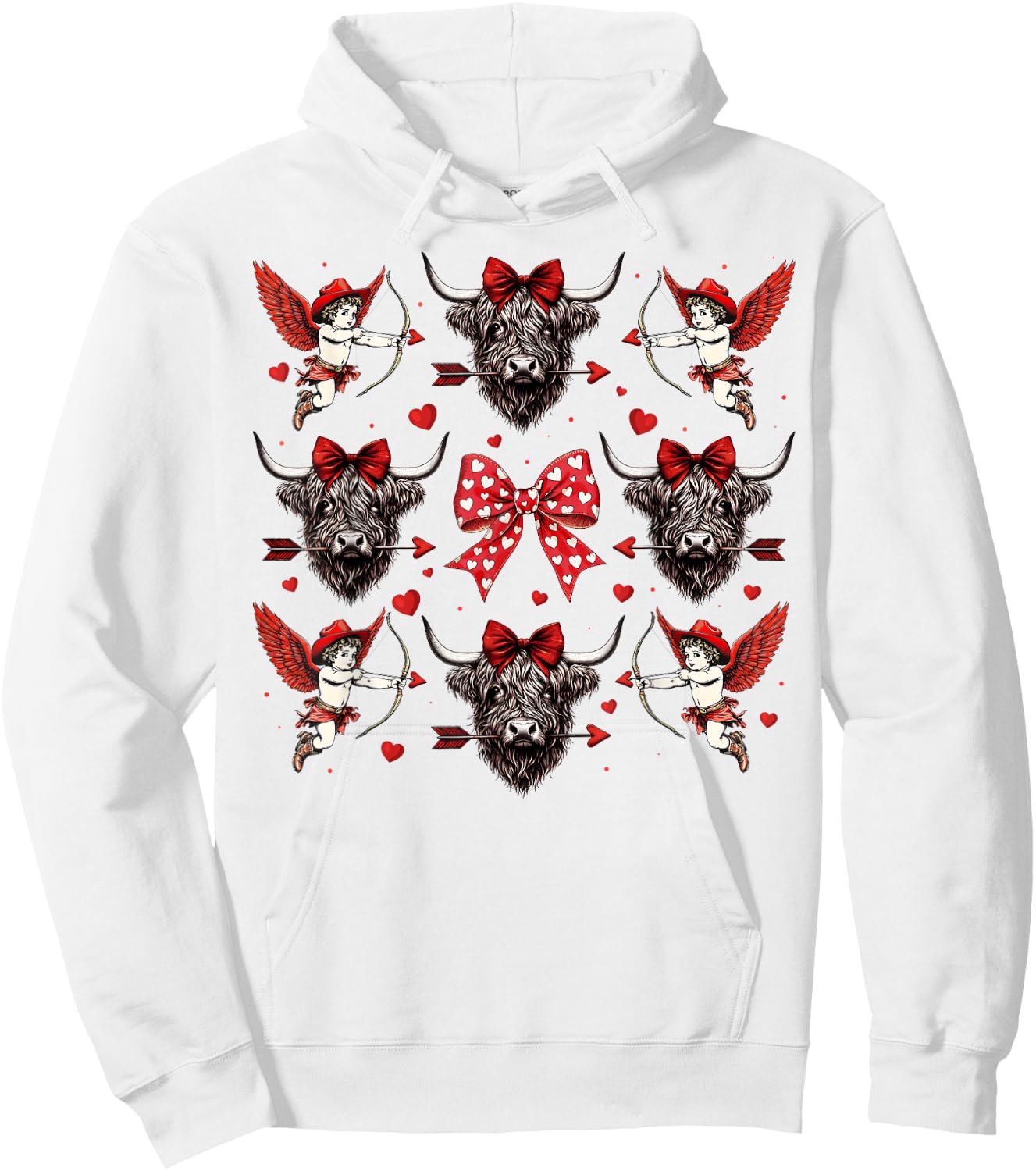 Howdy Valentine Western Cowgirl Cupid Higland Cow Heifer Hoodie - Hoodie | White