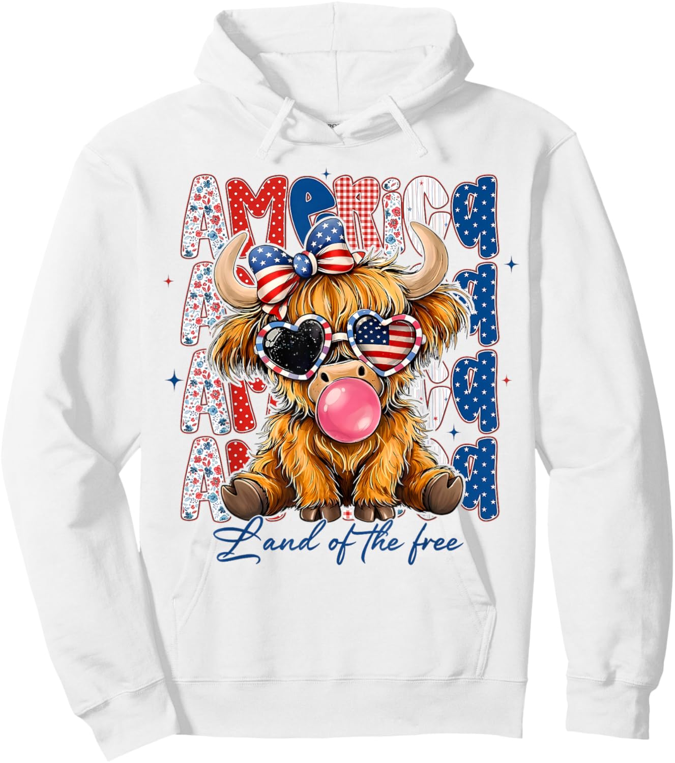 Highland Cow 4th July American Flag Coquette Bow Floral Hoodie - Hoodie | White