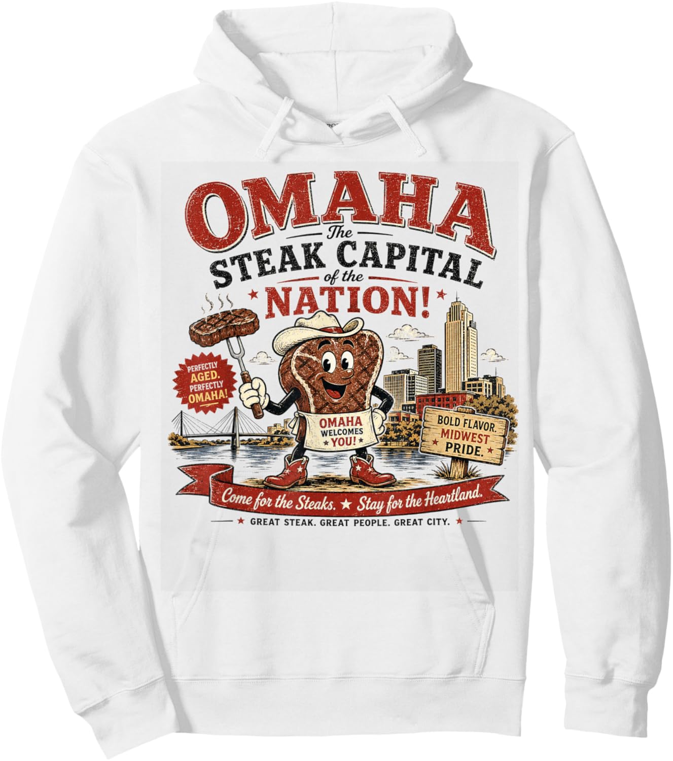 Omaha Nebraska Steak Capital - Vintage Cowboy Steak Hoodie - Hoodie | White