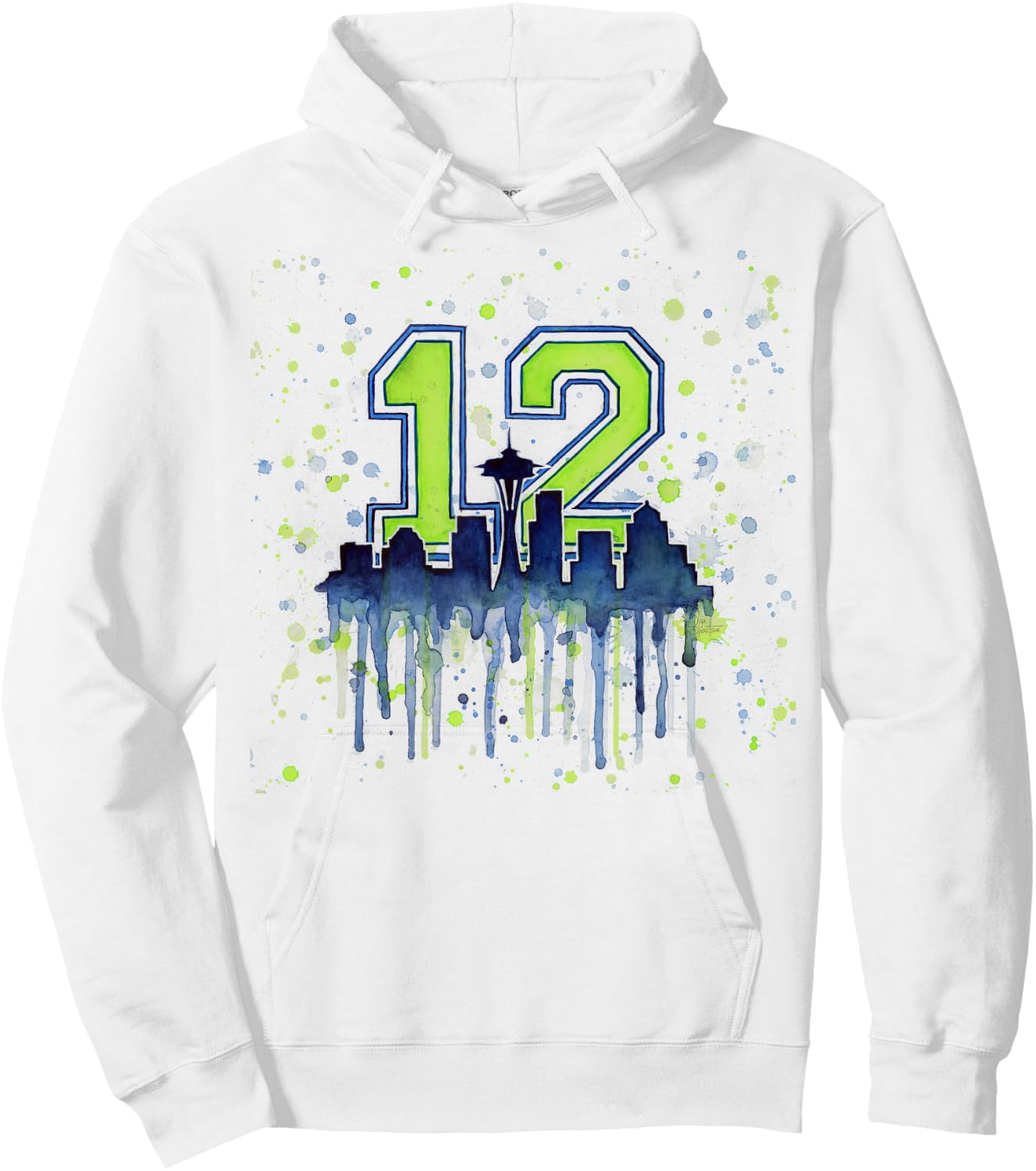 Seattle 12th Man | Space Needle Skyline Watercolor Hoodie - Hoodie | White