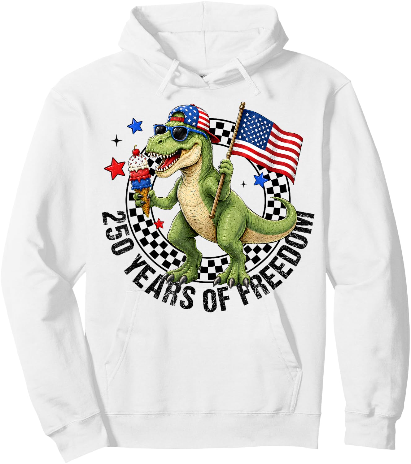 Boy 4th of July T-Rex Happy 250 America 1776-2026 Dinosaur Hoodie - Hoodie | White