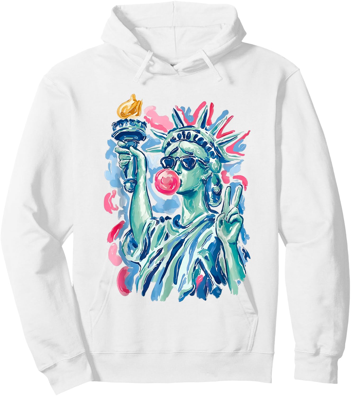Brushstroke Statue of Liberty Blowing Bubble Gum 4th of July Hoodie - Hoodie | White