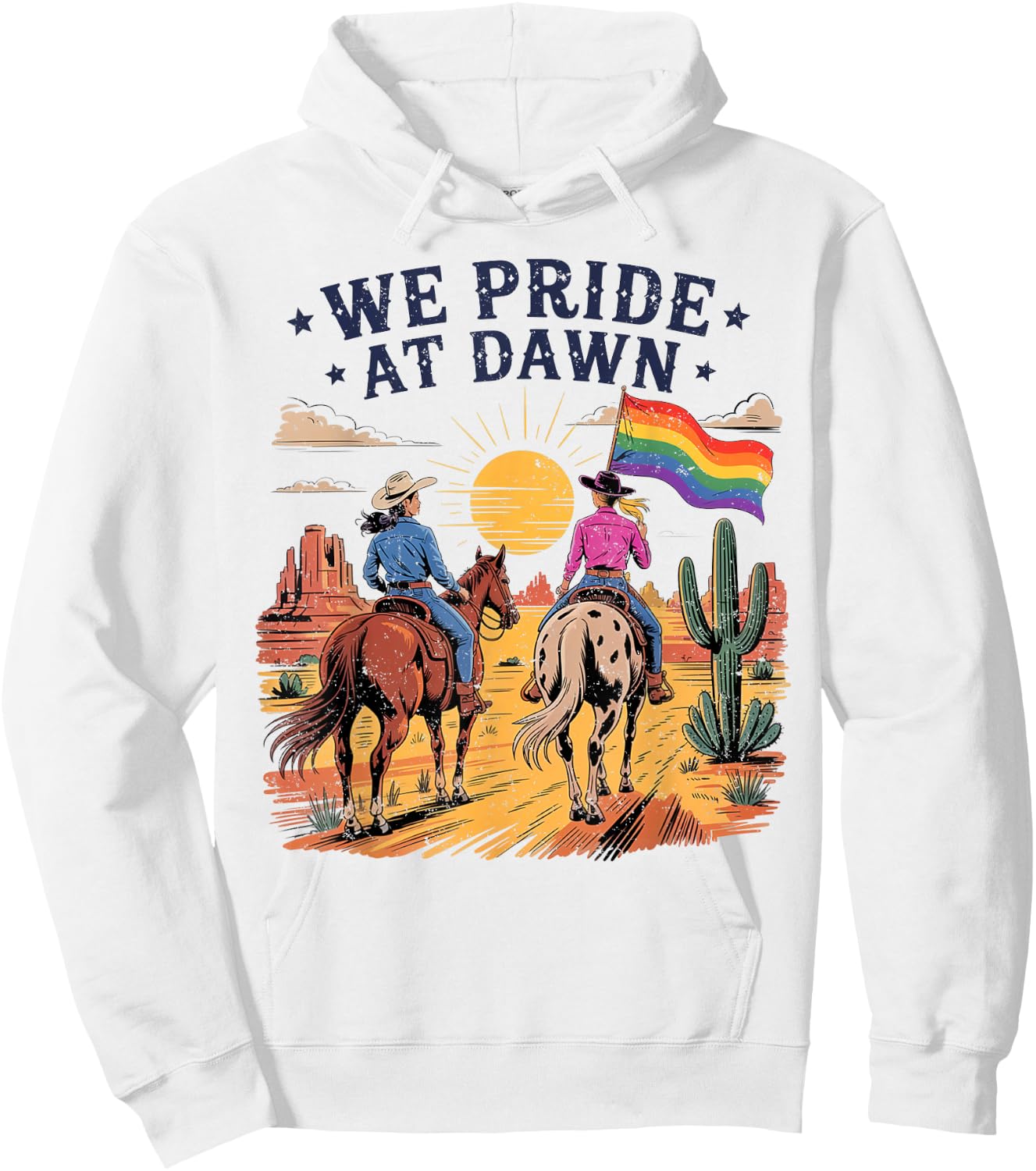 We Pride At Dawn Vintage Lesbian Pride Western LGBTQ Cowgirl Hoodie - Hoodie | White