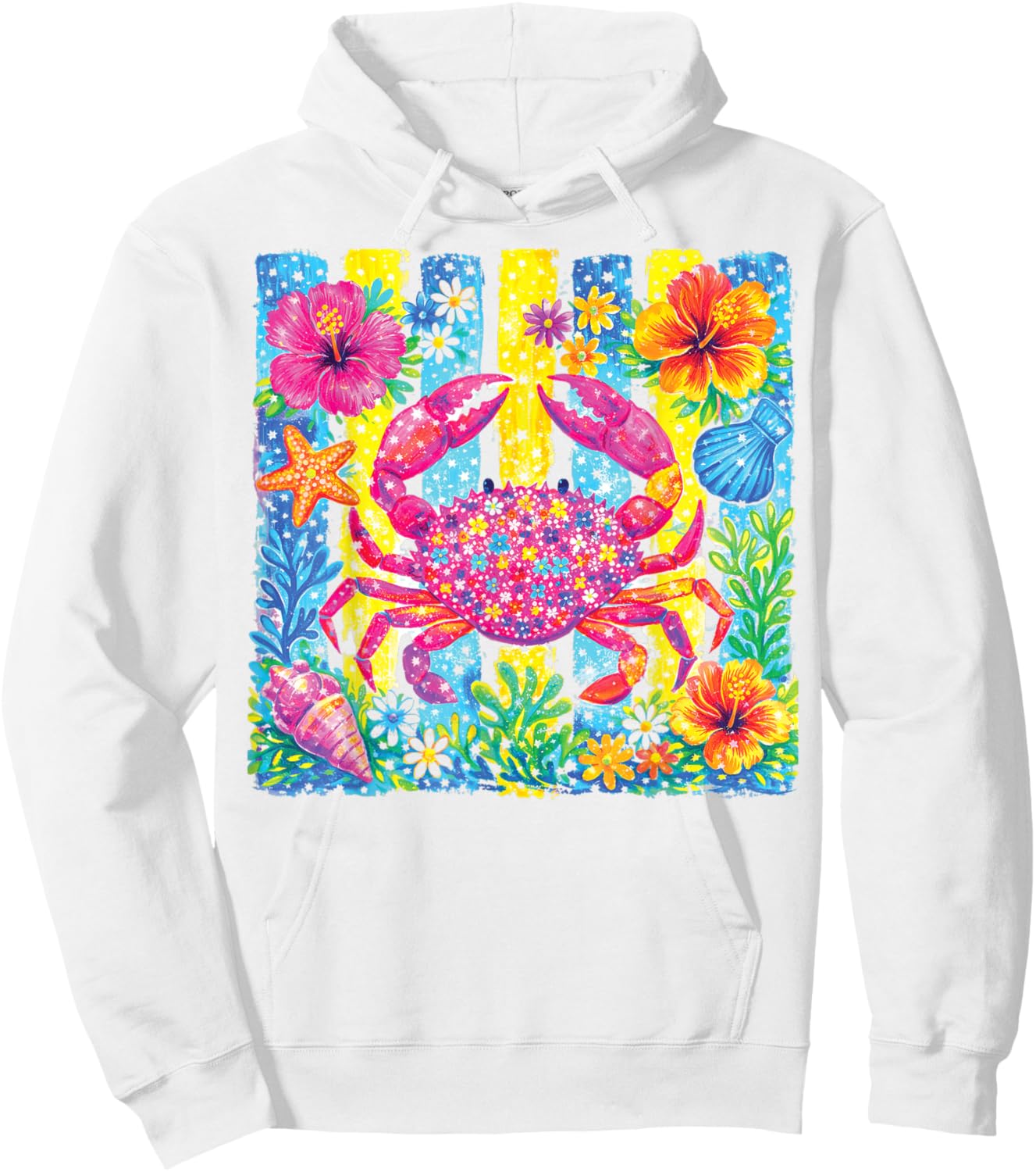 Colorful Tropical Crab Beach Floral Summer Ocean Coastal Art Hoodie - Hoodie | White