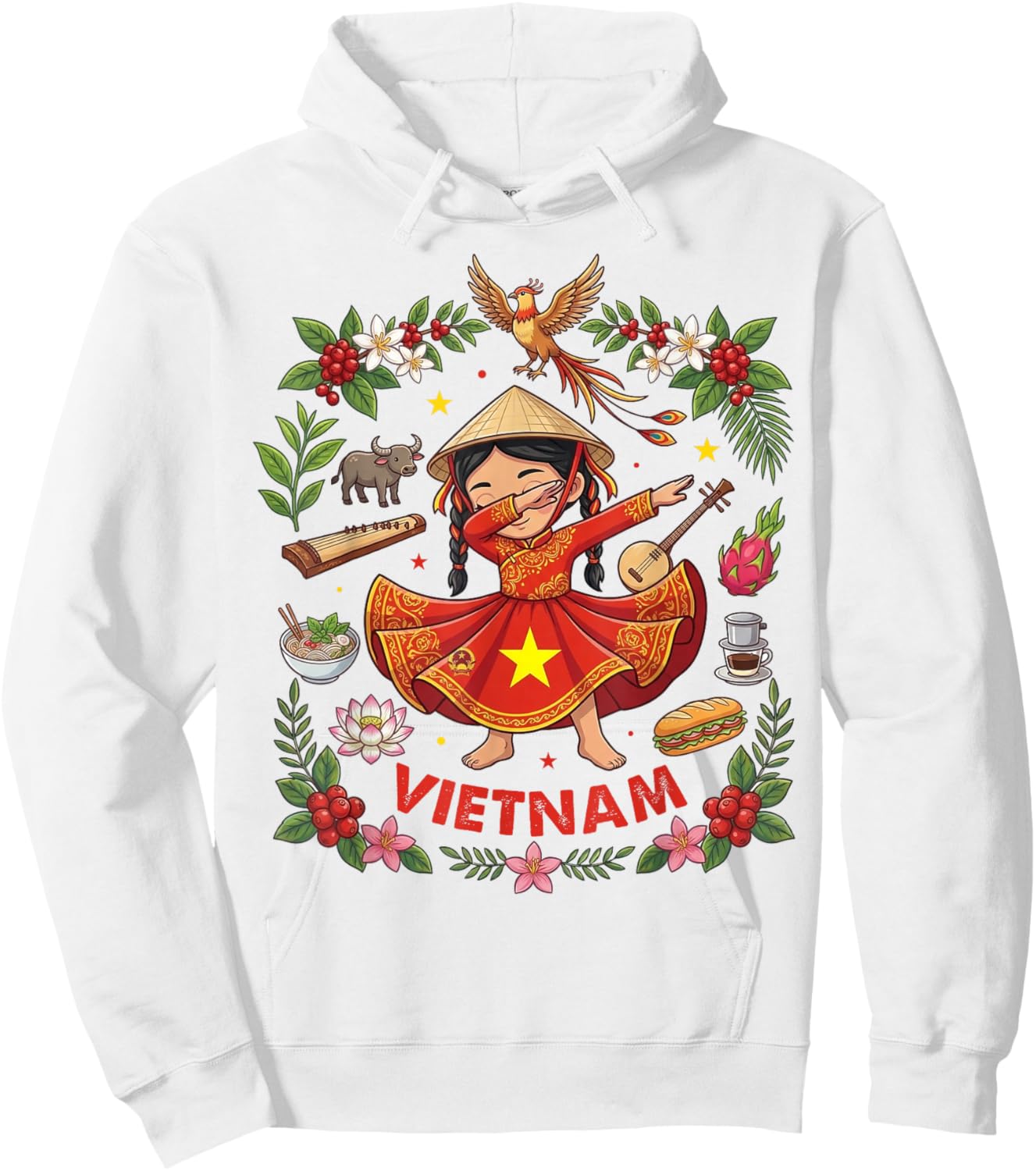 Dabbing Vietnam Girl Flag Dress Lotus Flowers Pride Heritage Hoodie - Hoodie | White