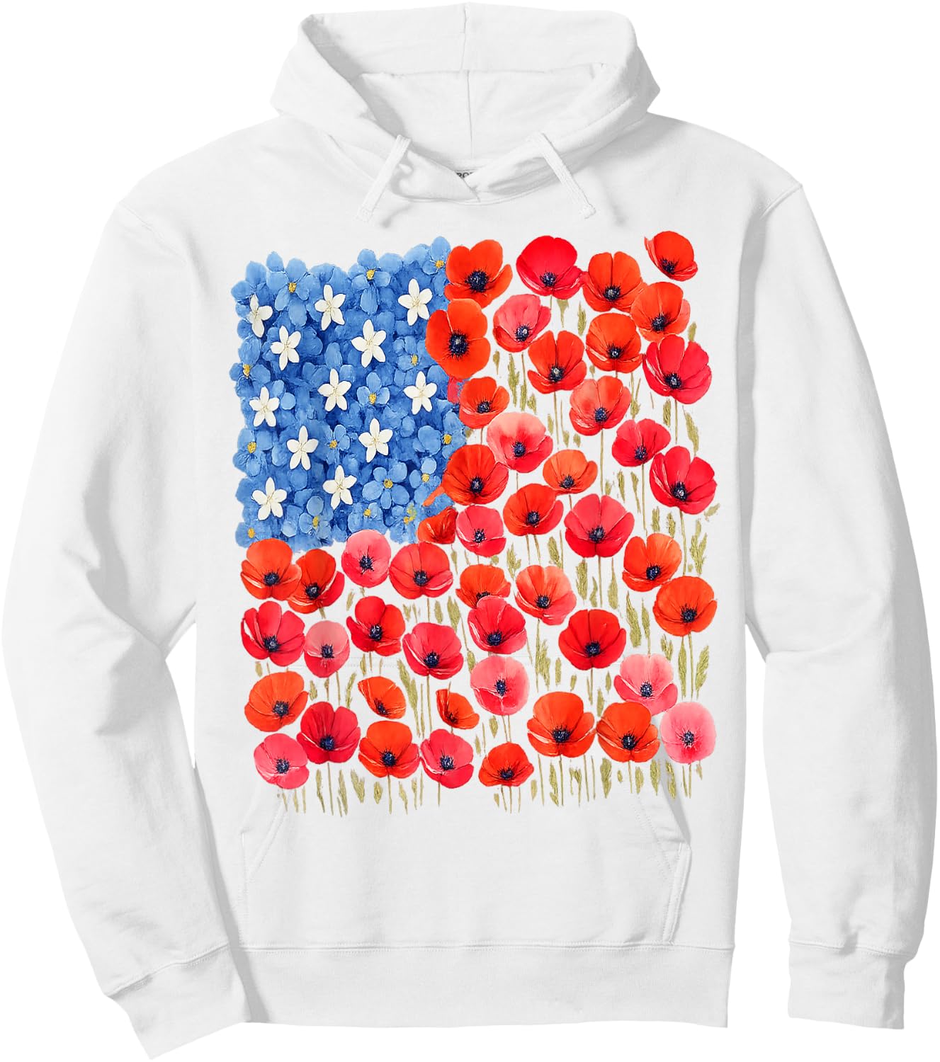 Patriotic Poppies & Hydrangeas Flowers in Floral US Flag Hoodie - Hoodie | White