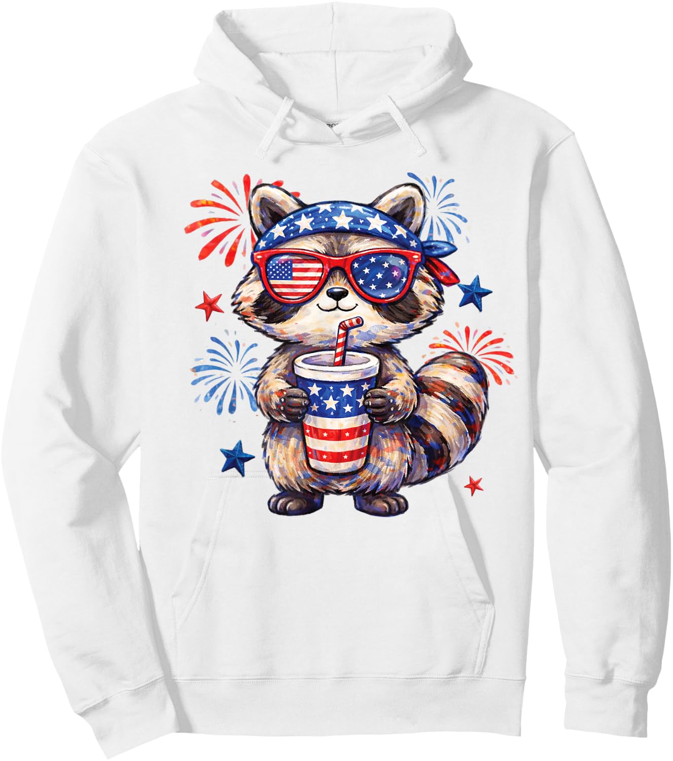 Cute Patriotic Raccoon Fireworks Fourth of July Animal Art Hoodie - Hoodie | White