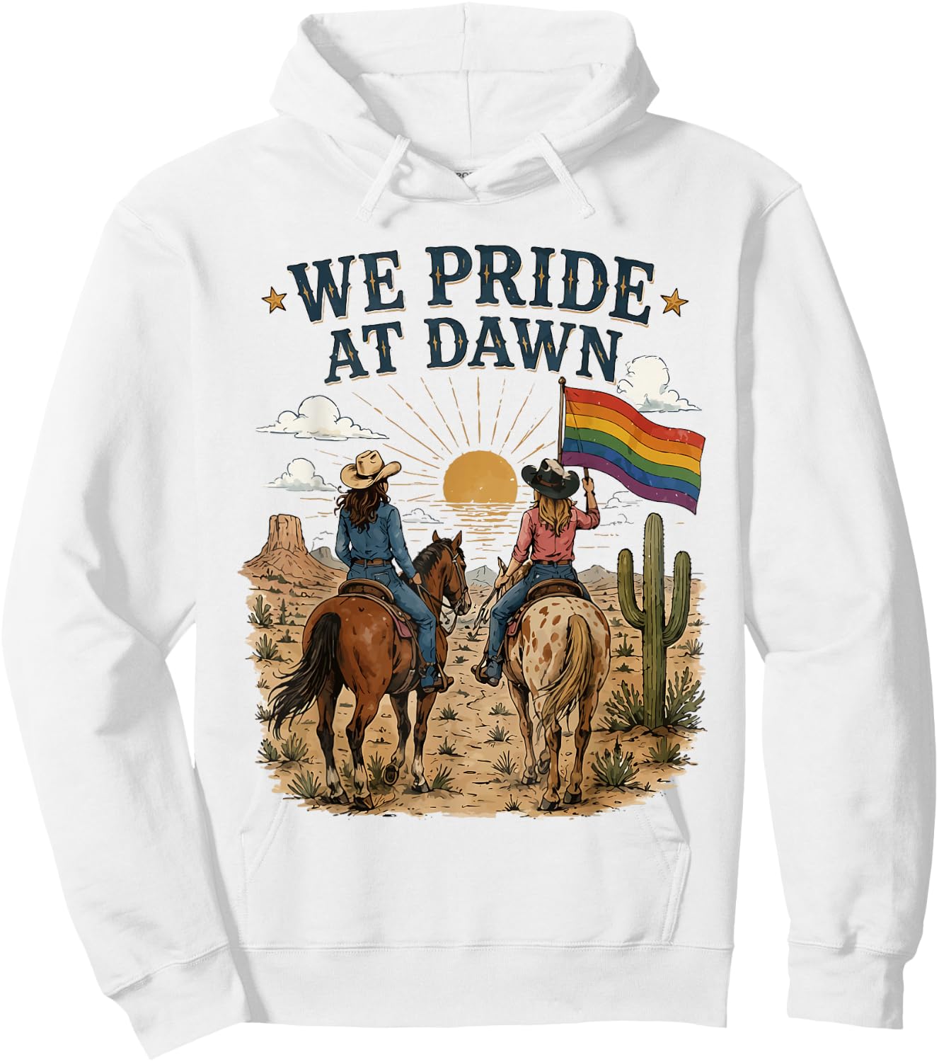 Vintage Rainbow We Pride At Dawn Western Cowgirl LGBTQ Gay Hoodie - Hoodie | White