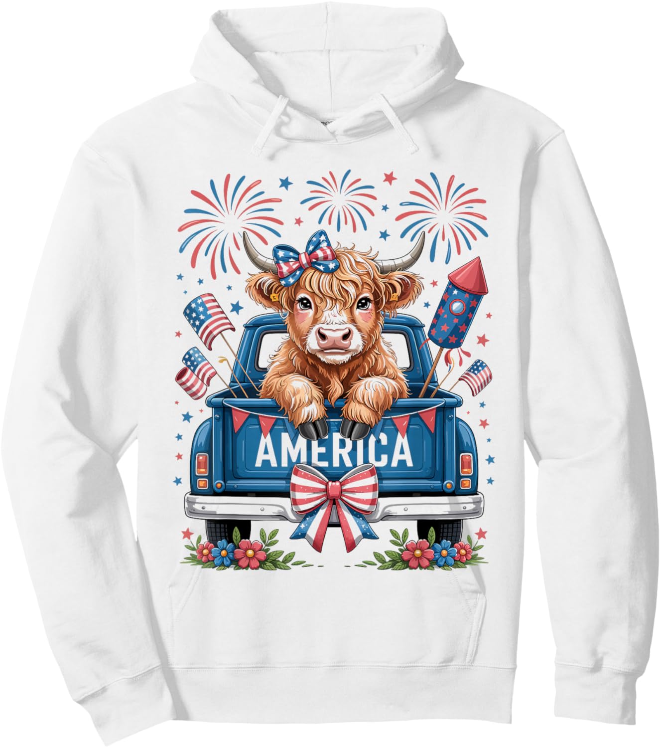 Coquette Highland Cow and Patriotic Truck 4th of July Hoodie - Hoodie | White