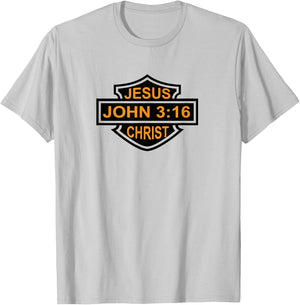 Jesus Christ John 3:16 Gospel Christian Biker Emblem T-Shirt - T-Shirt | Ash