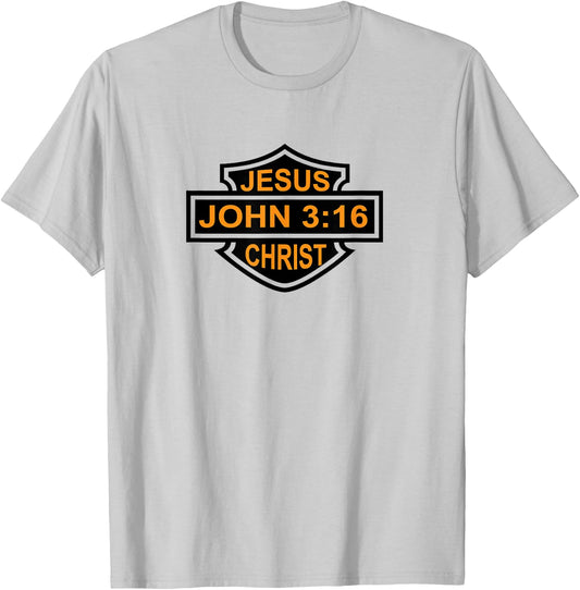 Jesus Christ John 3:16 Gospel Christian Biker Emblem T-Shirt - T-Shirt | Ash