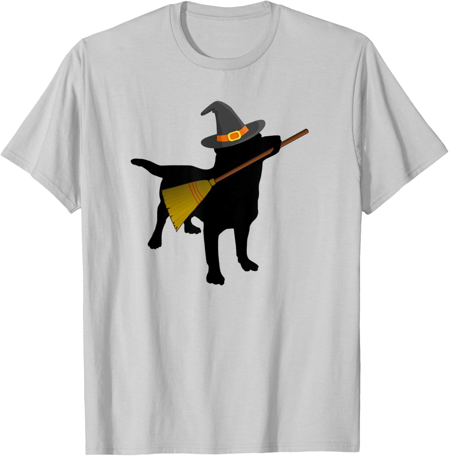 Funny Halloween Black Lab Dog Cute Witch Hat Broom T-Shirt - T-Shirt | Ash
