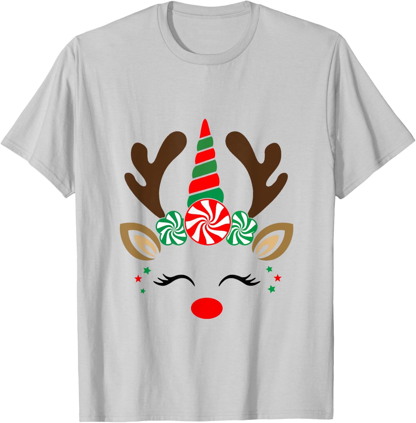 Christmas Reindeer Unicorn Face Cute Unicorn T-Shirt - T-Shirt | Ash