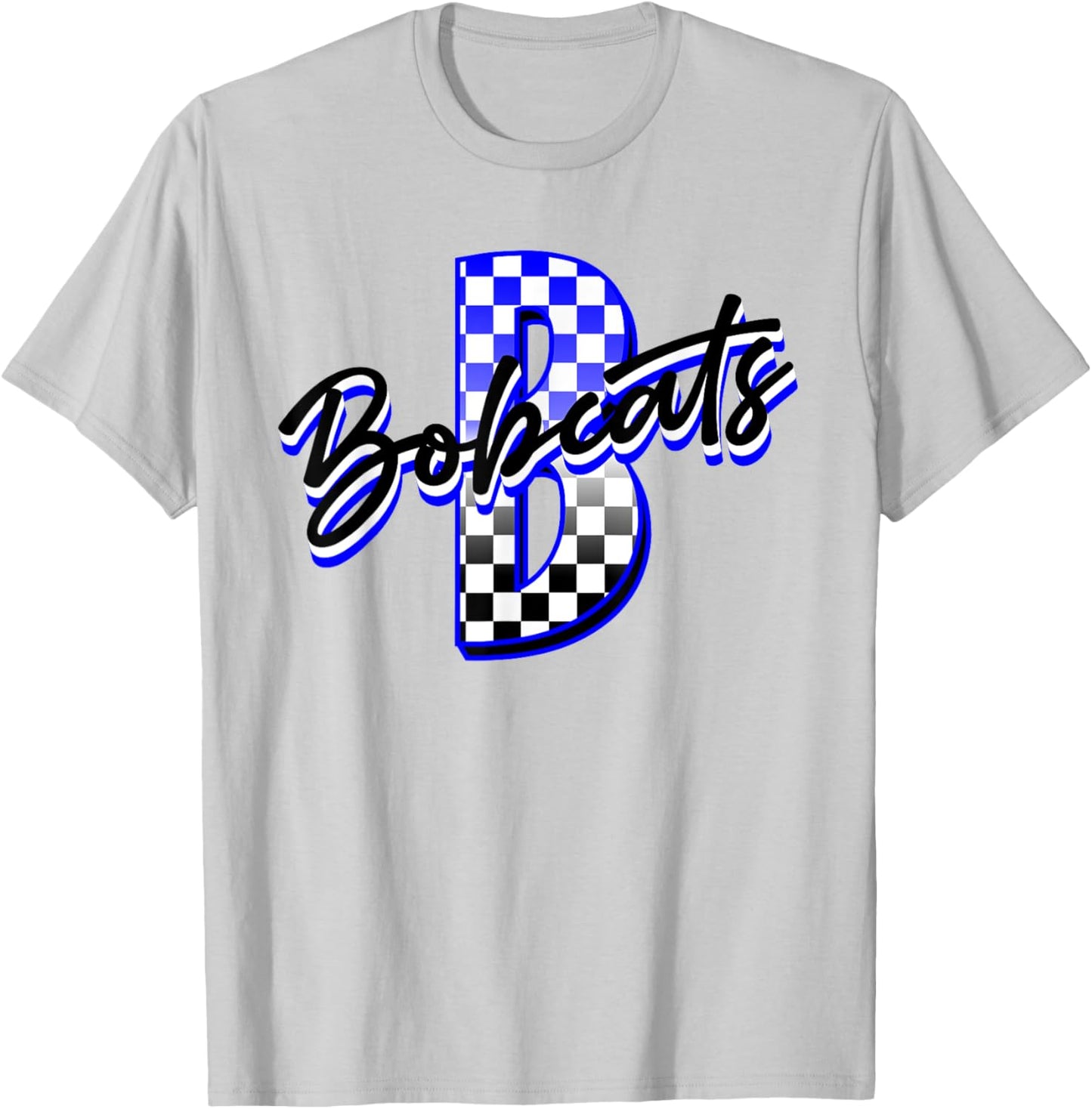 Bobcats Checkered Print Mascot School Spirit Blue Bobcat T-Shirt - T-Shirt | Ash