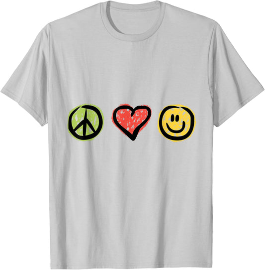 Peace Love Happiness Positive Message Symbols T-Shirt - T-Shirt | Ash