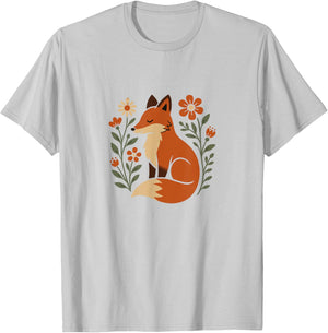 Cute Folk Art Fox with Flowers Nature Design T-Shirt - T-Shirt | Ash