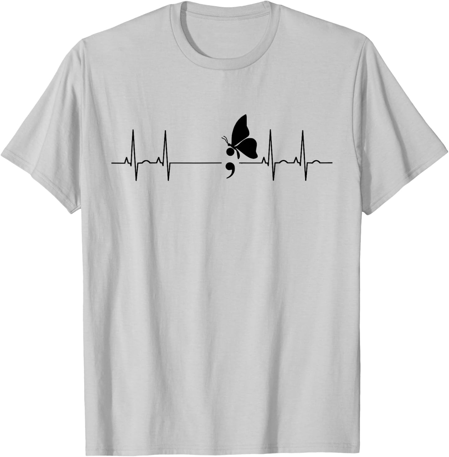 Semicolon Butterfly Heartbeat T-Shirt - T-Shirt | Ash