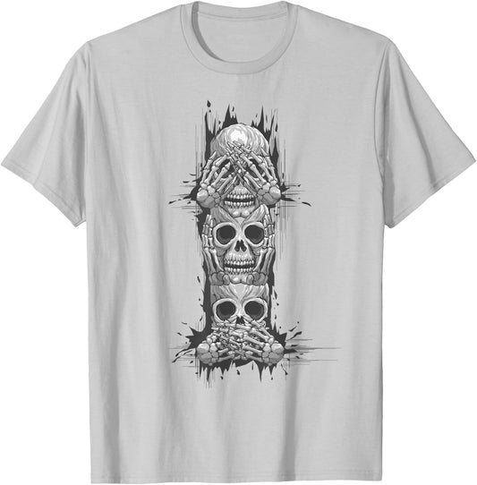 Hear No Evil See No Evil Speak No Evil, Skull Art T-Shirt - T-Shirt | Ash