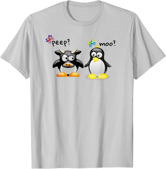 New Friends Learning a Language Moo Peep Penguin and Cow T-Shirt - T-Shirt | Ash