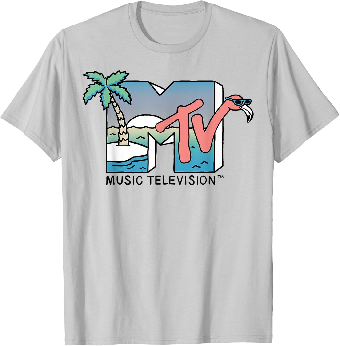 MTV Beachy Flamingo Scene Retro Logo Graphic T-Shirt - T-Shirt | Ash