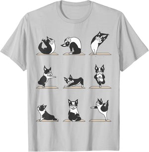 Boston Terriers Yoga Asana Pose Meditation Funny T-Shirt - T-Shirt | Ash