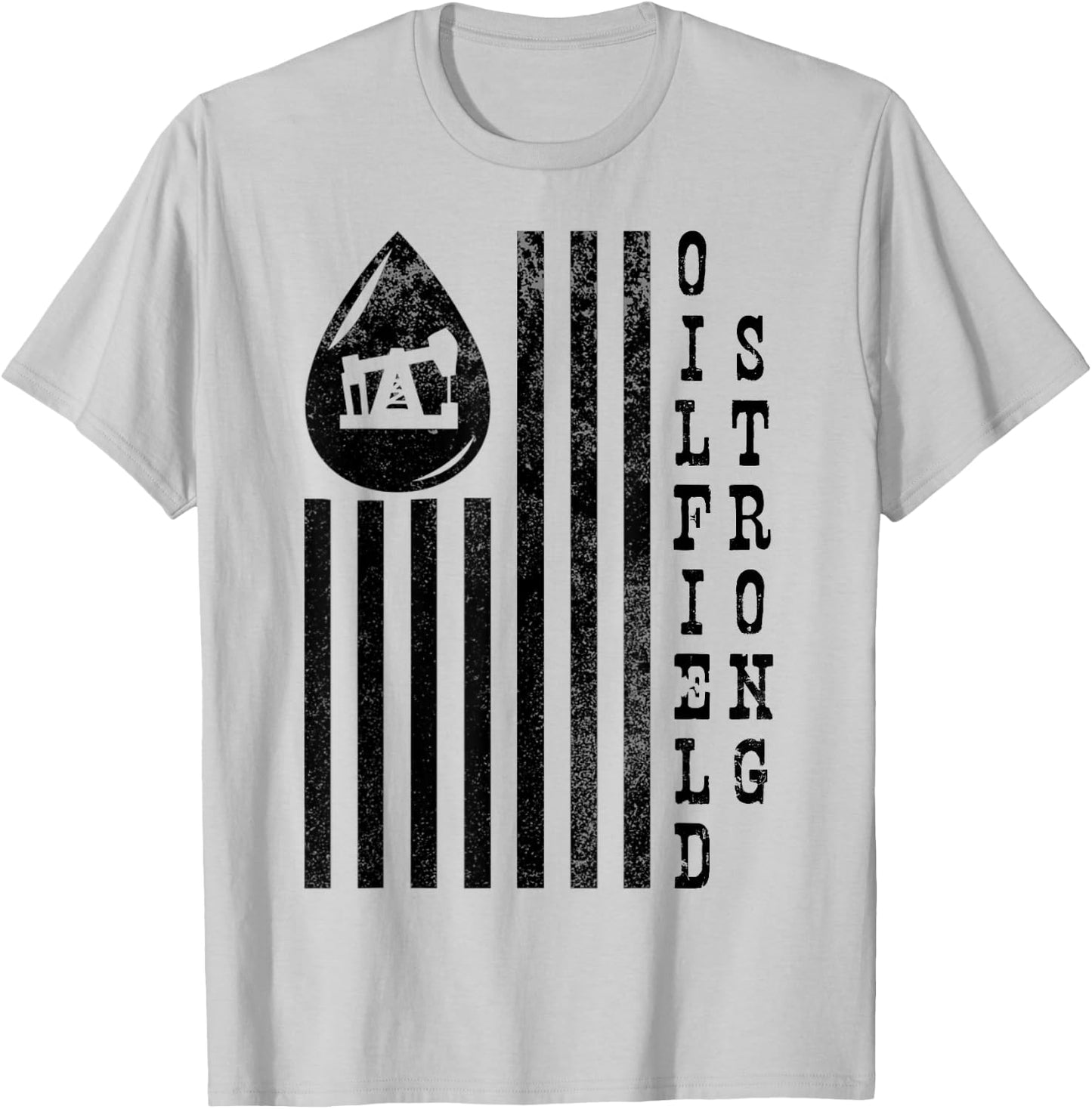 Oilfield Strong American Flag Pump Jack Distressed T-Shirt - T-Shirt | Ash