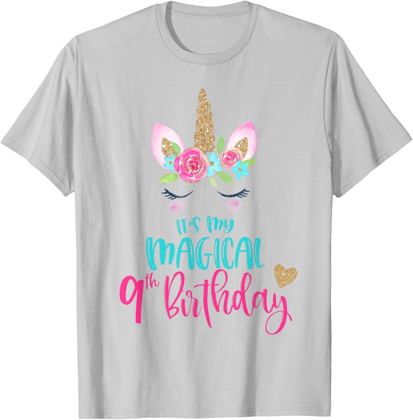 Unicorn 9th Birthday Party Shirt Girl 9 Years Old T-Shirt - T-Shirt | Ash
