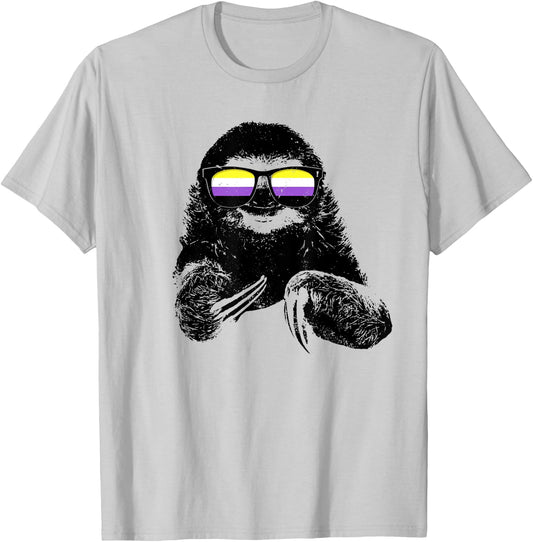 Pride Sloth Nonbinary Flag Sunglasses T-Shirt - T-Shirt | Ash