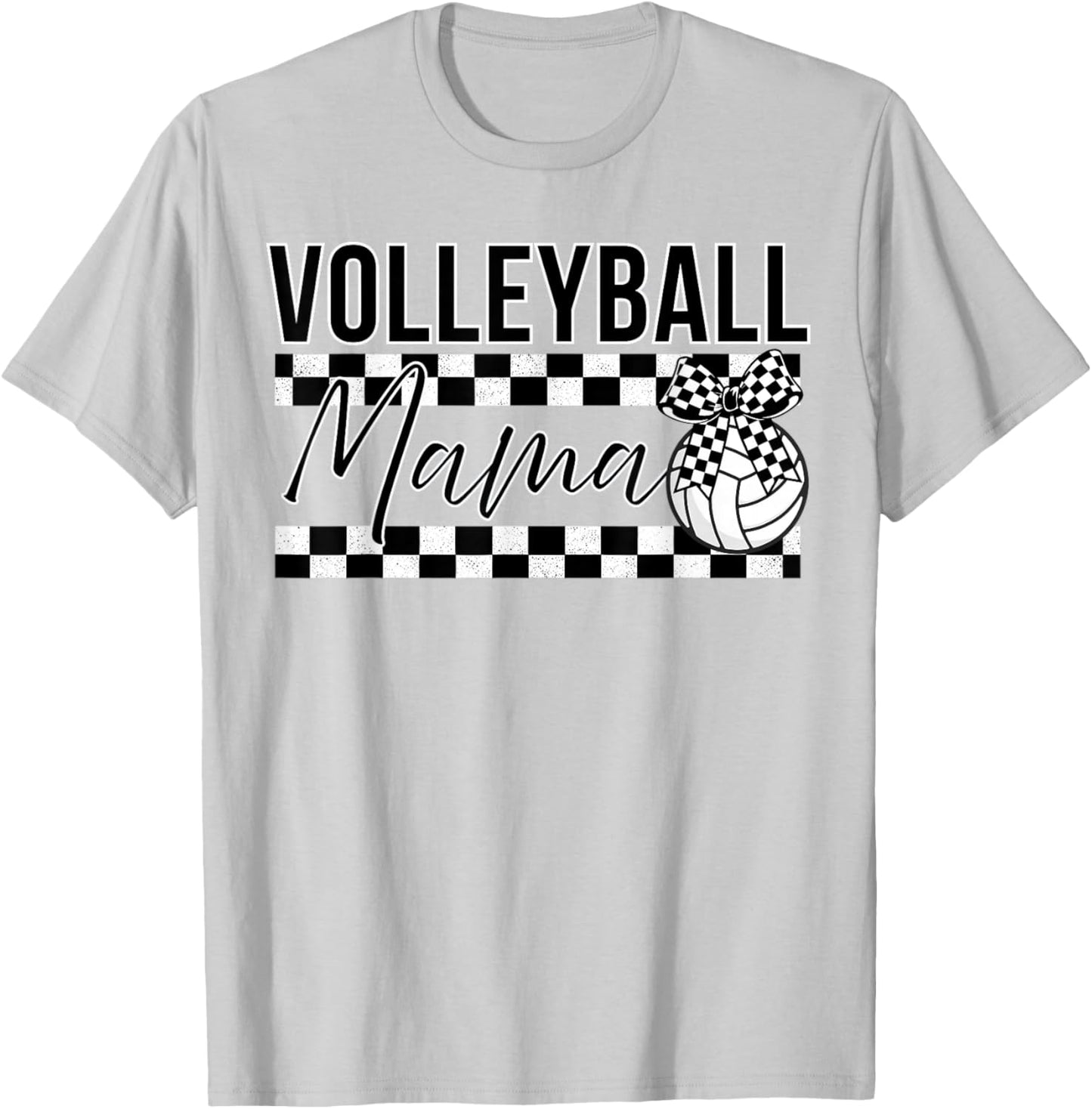 Black and White Checkered Bow Ribbon Pattern Volleyball Mama T-Shirt - T-Shirt | Ash