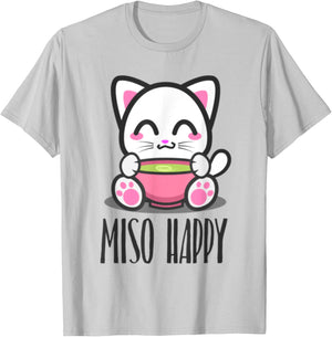 Miso Happy Cute Japanese Style Kawaii Cat Lover Pun T-Shirt - T-Shirt | Ash