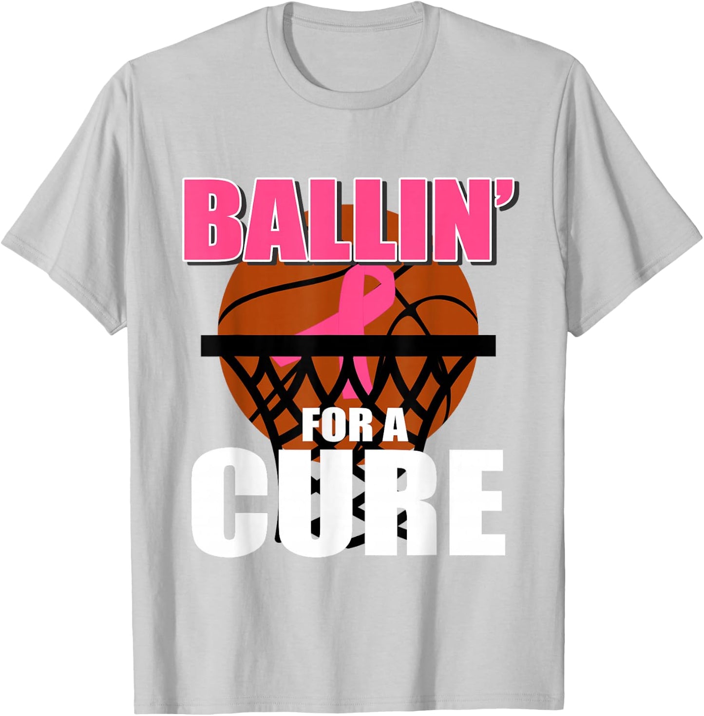 Basketball Pink Ribbon Breast Cancer Awareness Support T-Shirt - T-Shirt | Ash