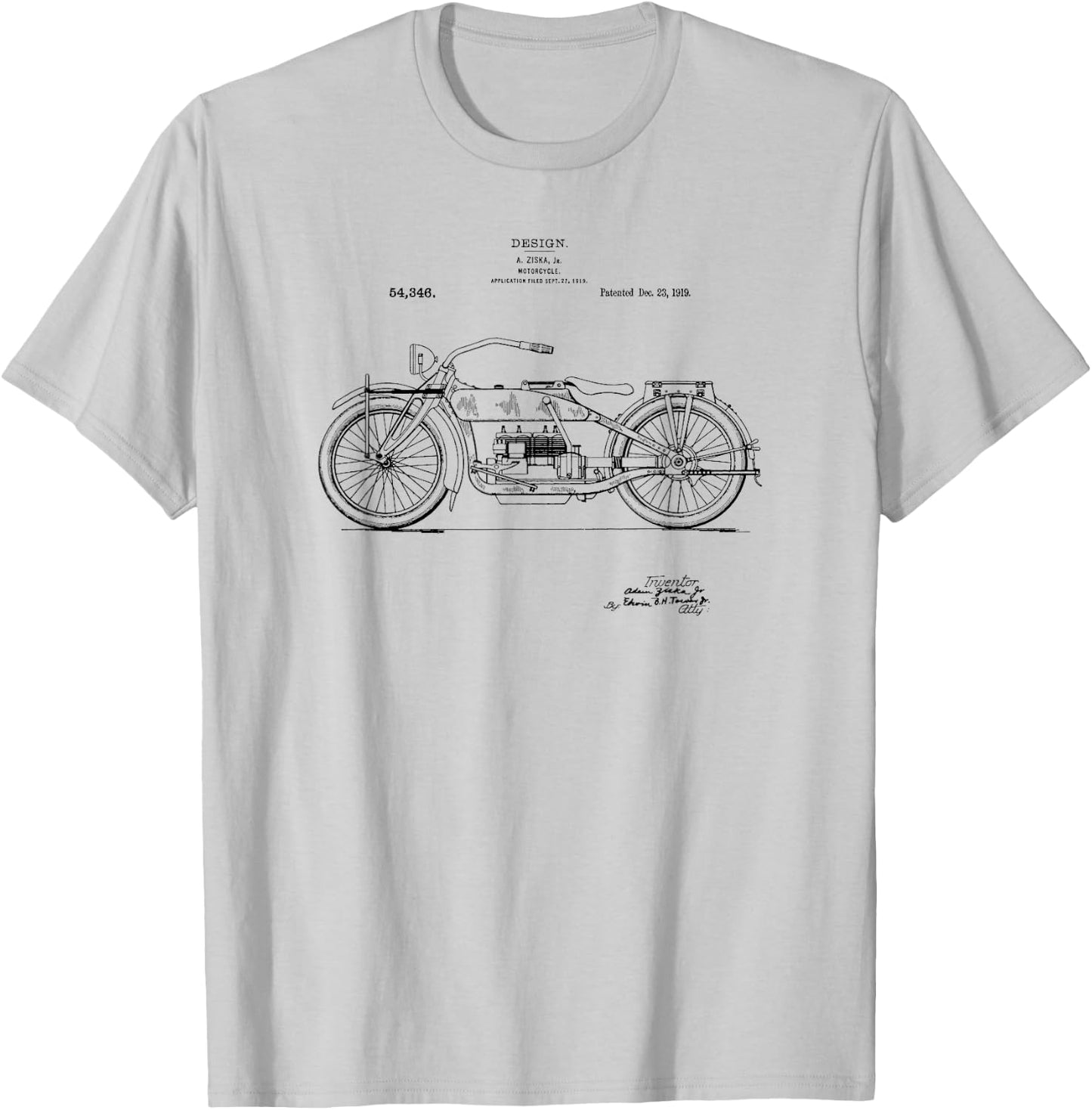 Classic Vintage Patent Print 1919 Motorcycle T-Shirt - T-Shirt | Ash