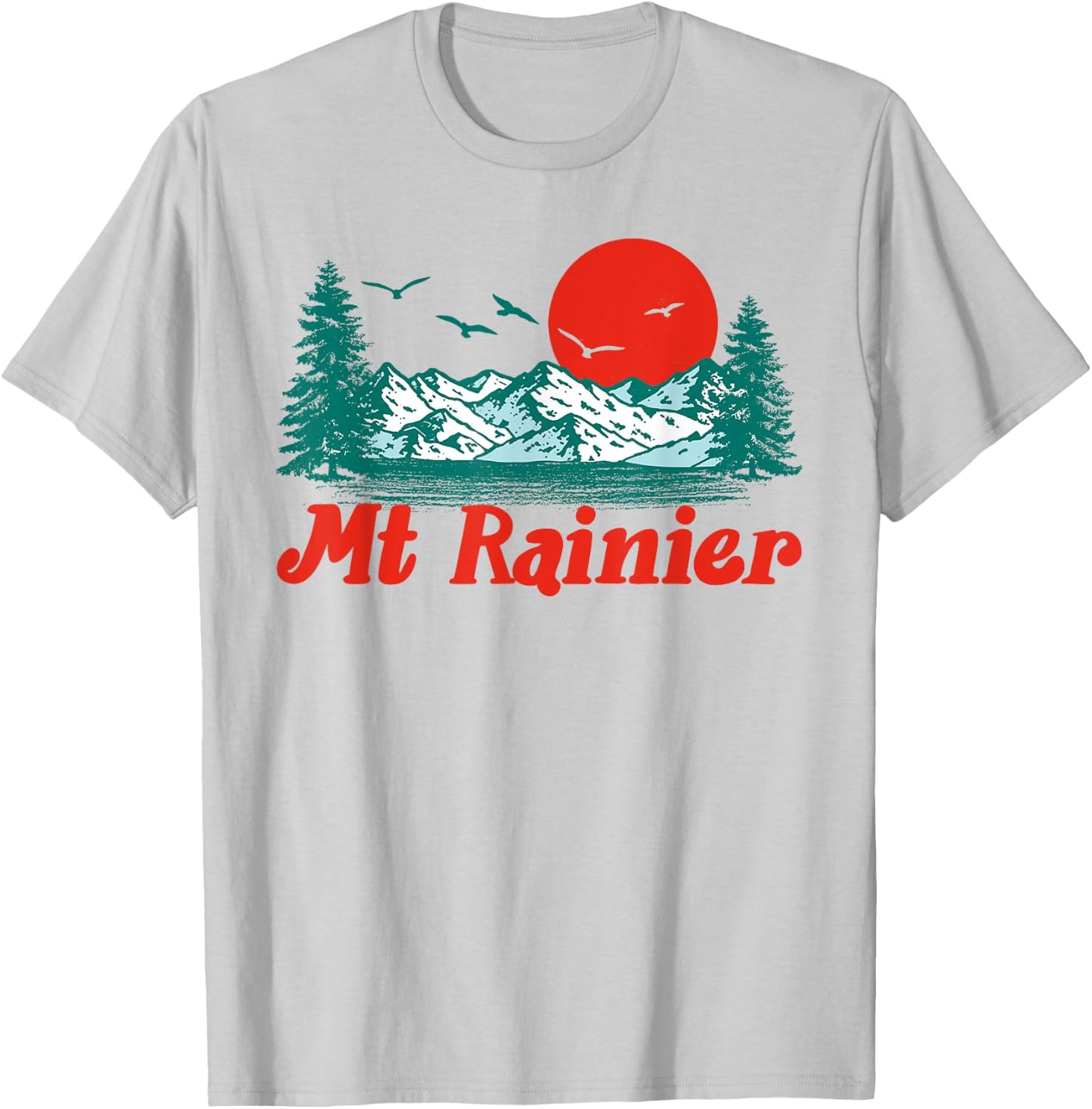 Retro Mt Rainier Mountain Trees & Sun Scene Graphic T-Shirt - T-Shirt | Ash