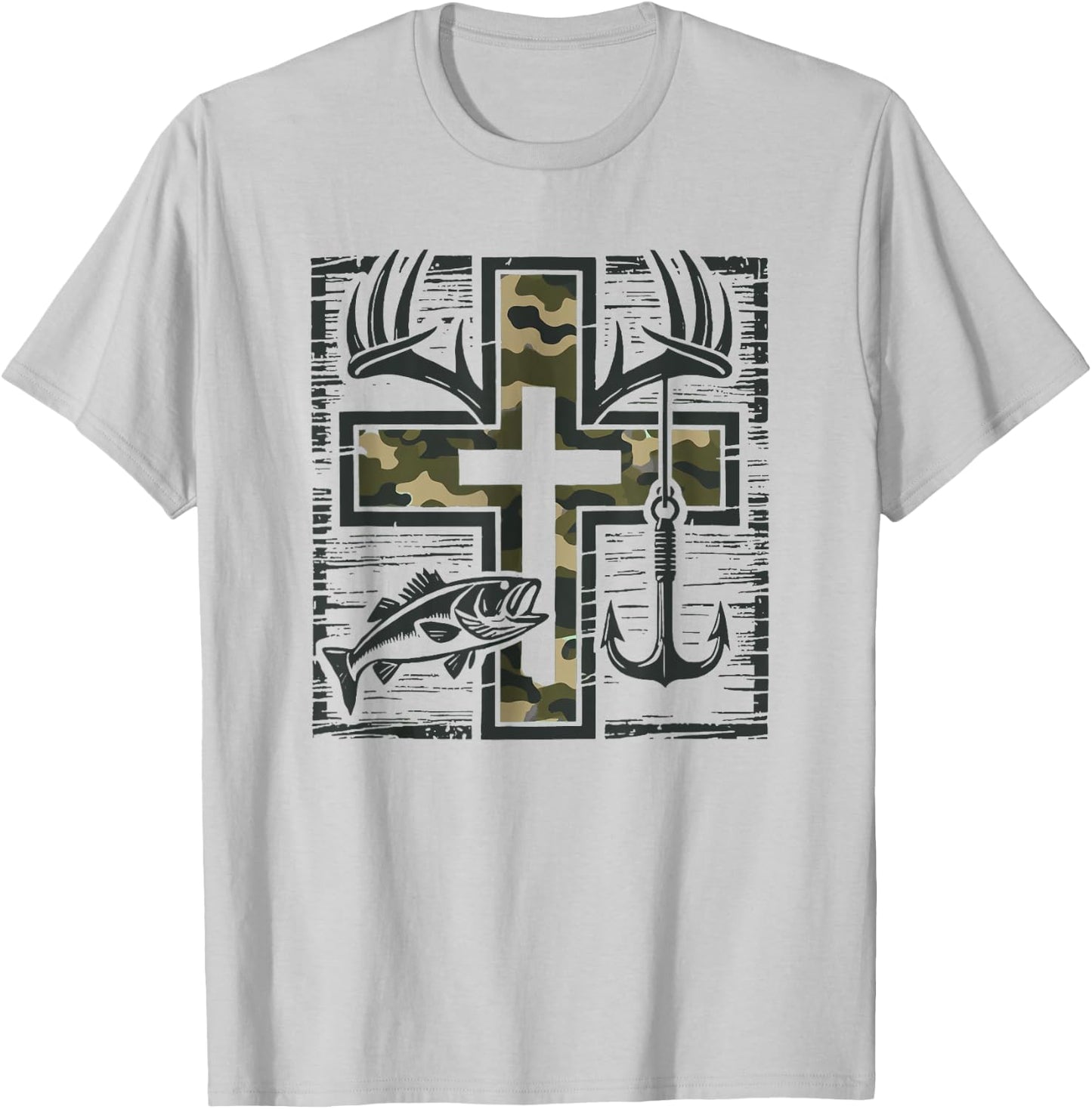 Jesus Camo Cross Shirt With Fish Christian Gift T-Shirt - T-Shirt | Ash