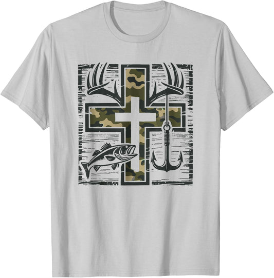 Jesus Camo Cross Shirt With Fish Christian Gift T-Shirt - T-Shirt | Ash