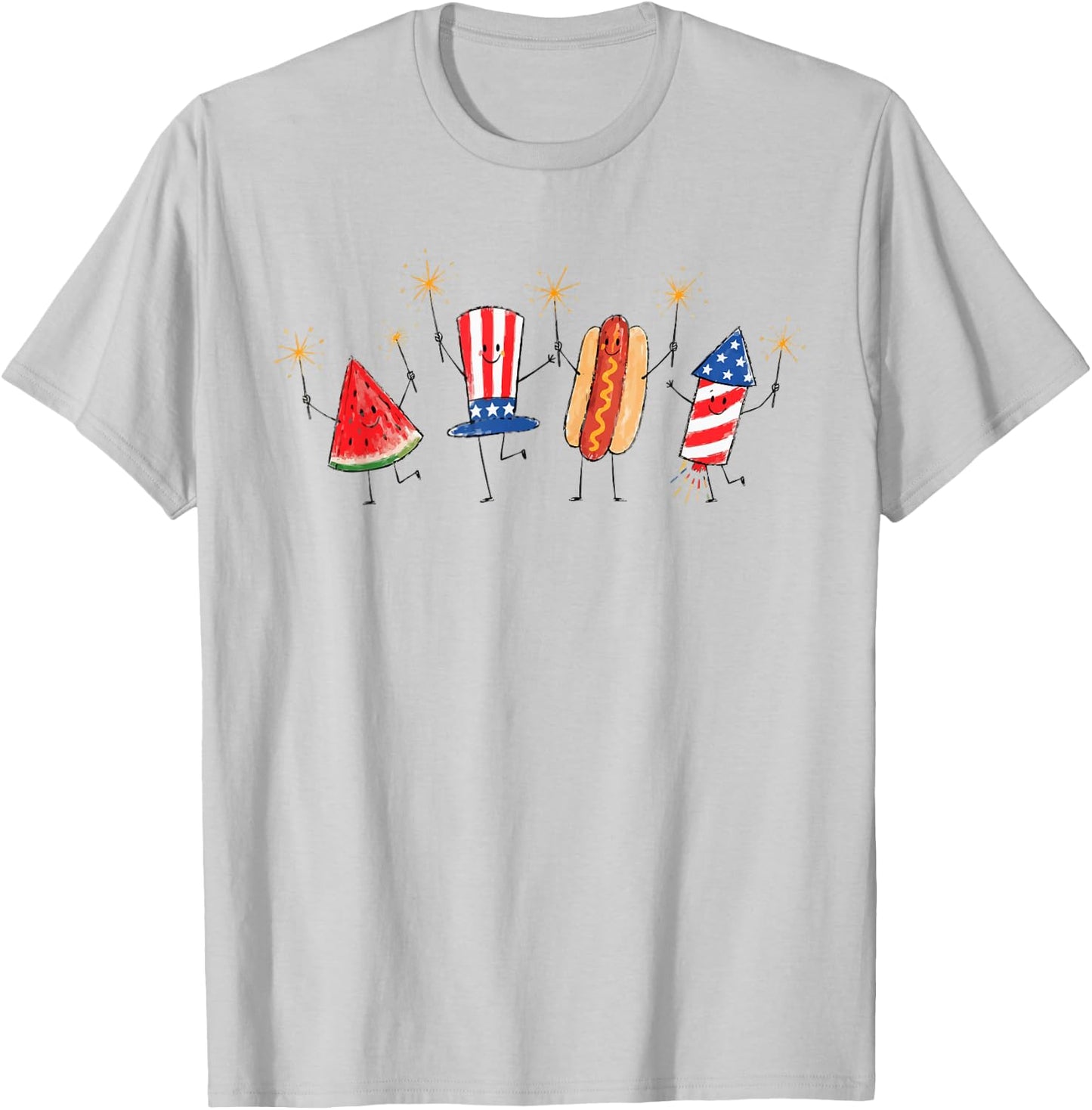 Cute Patriotic Doodle Watermelon Hotdog Firework 4th of July T-Shirt - T-Shirt | Ash