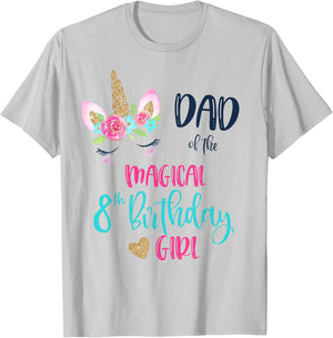 Unicorn Dad of the 8th Birthday Girl Shirt Matching Papa T-Shirt - T-Shirt | Ash