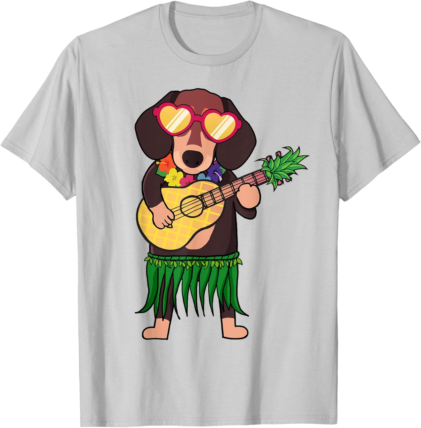 Dachshund Hawaiian Costume Playing Ukulele Summer Shirt Women Kids T-Shirt - T-Shirt | Ash