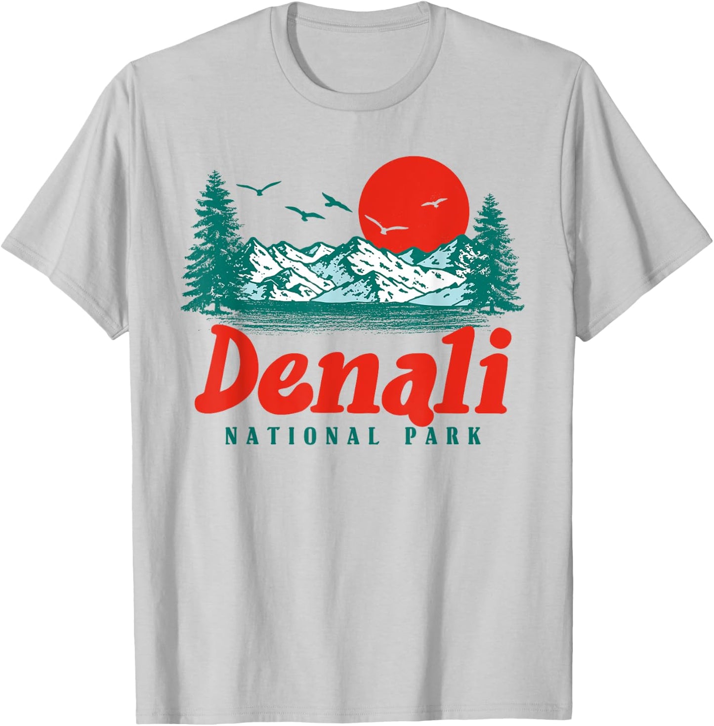 Retro Denali National Park Mountain Trees & Sun Graphic T-Shirt - T-Shirt | Ash
