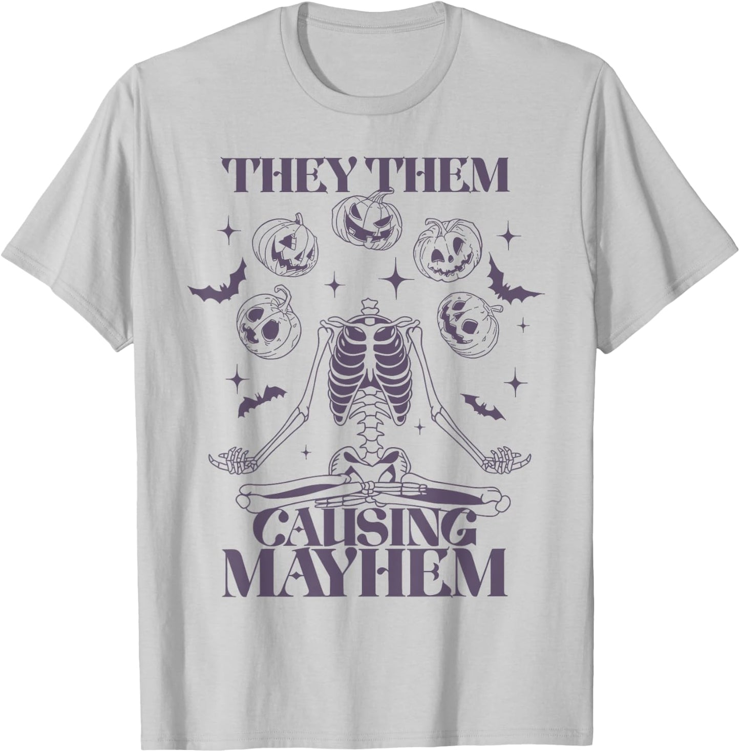 They Them Causing Mayhem Skeleton Boho Halloween Non Binary T-Shirt - T-Shirt | Ash