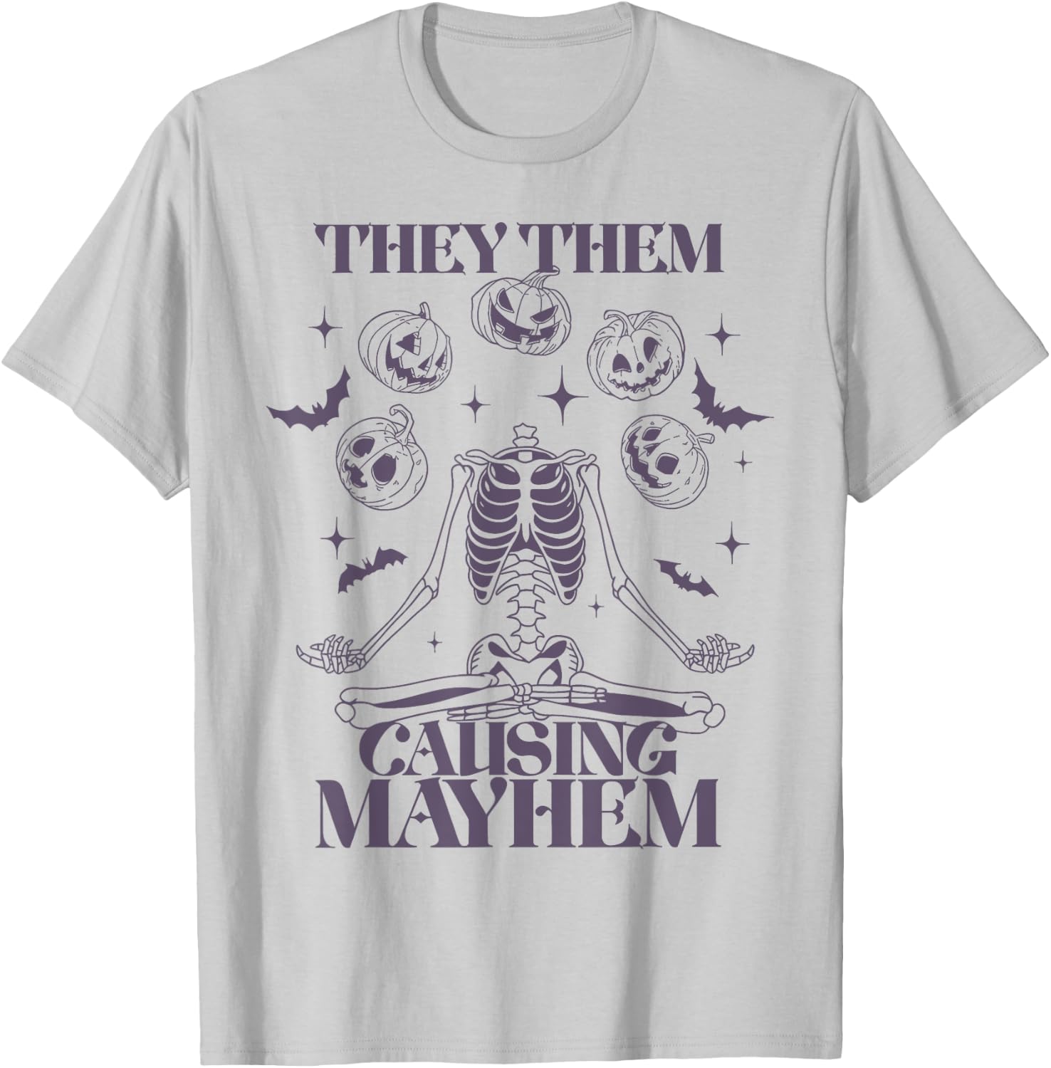 They Them Causing Mayhem Skeleton Boho Halloween Non Binary T-Shirt - T-Shirt | Ash