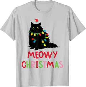 Meowy Christmas Funny Black Cat Christmas Lights Cat Lovers T-Shirt - T-Shirt | Ash