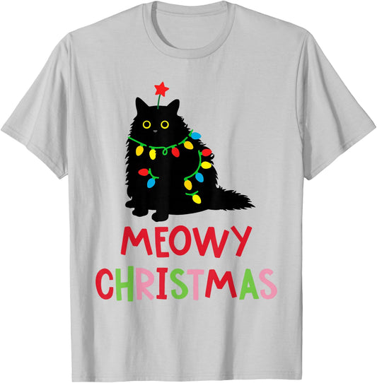 Meowy Christmas Funny Black Cat Christmas Lights Cat Lovers T-Shirt - T-Shirt | Ash
