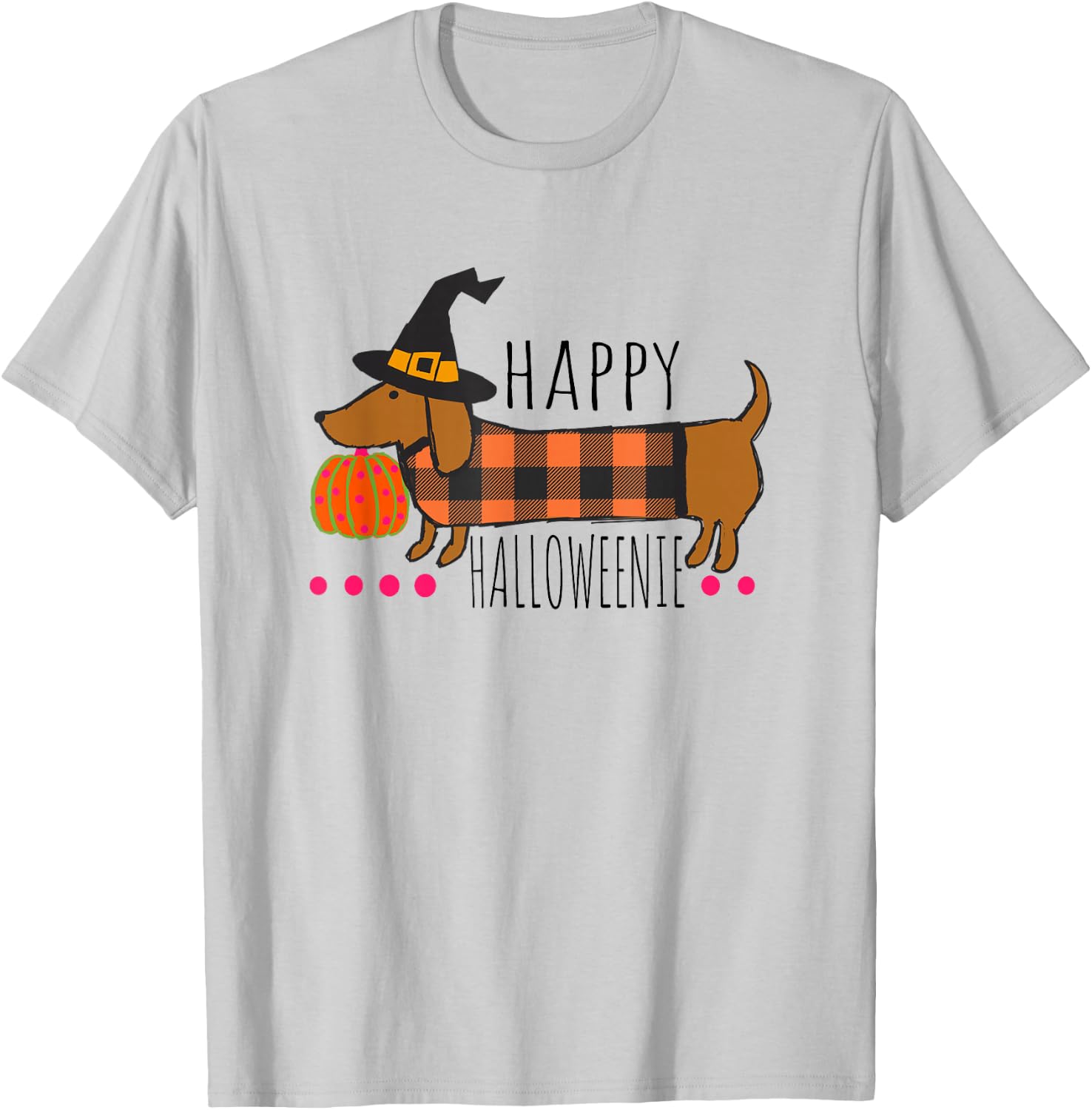 Funny Happy Halloweenie Dachshund Halloween Buffalo Plaid T-Shirt - T-Shirt | Ash