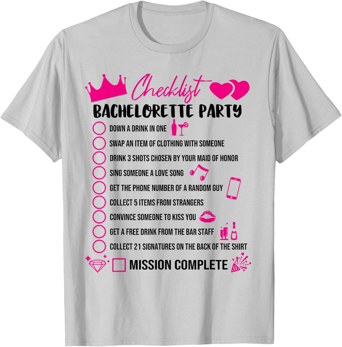 Bachelorette Party Checklist Game Girls Night Out Bride Fun T-Shirt - T-Shirt | Ash