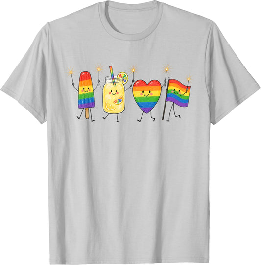 Rainbow Heart Flag Popsicle Summer Pride Month Gay LGBTQ T-Shirt - T-Shirt | Ash