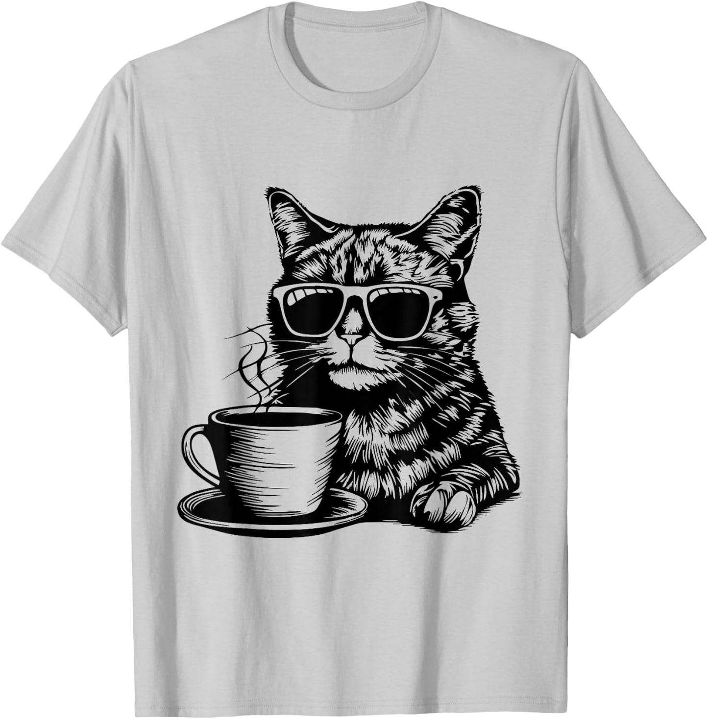 Cat Drinking Coffee | Fun and Quirky Feline Art Design T-Shirt - T-Shirt | Ash