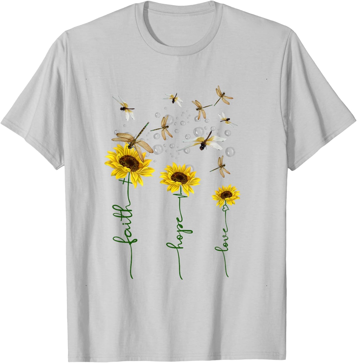 Faith Hope Love Sunflower Dragonfly Christian Gift T-Shirt - T-Shirt | Ash