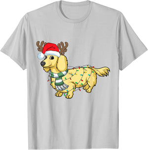Cream Dachshund Reindeer Santa Dog Merry Christmas T-Shirt - T-Shirt | Ash