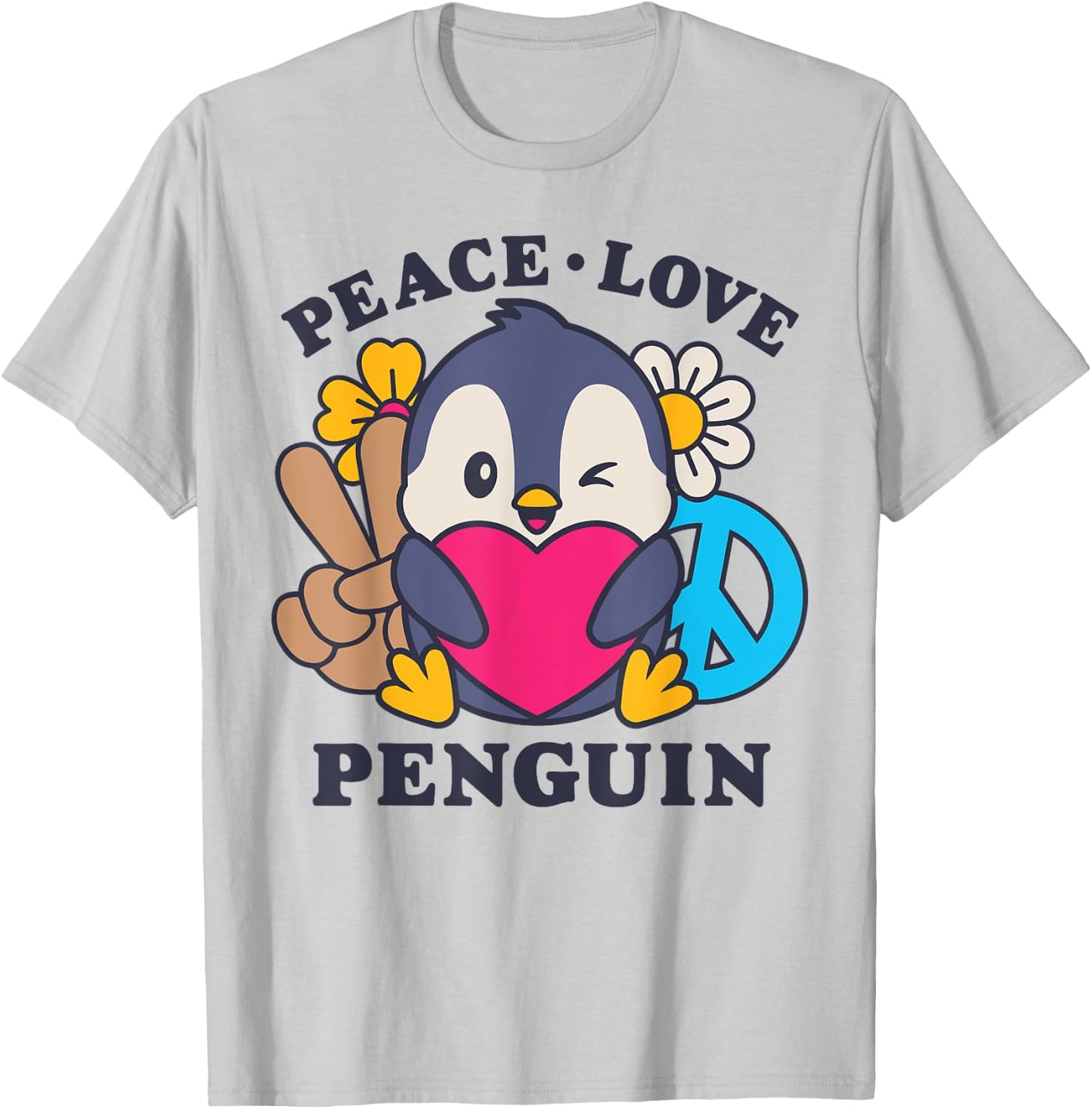 Peace Love Penguin Lovers Men Women Cute Bird Flowers Floral T-Shirt - T-Shirt | Ash